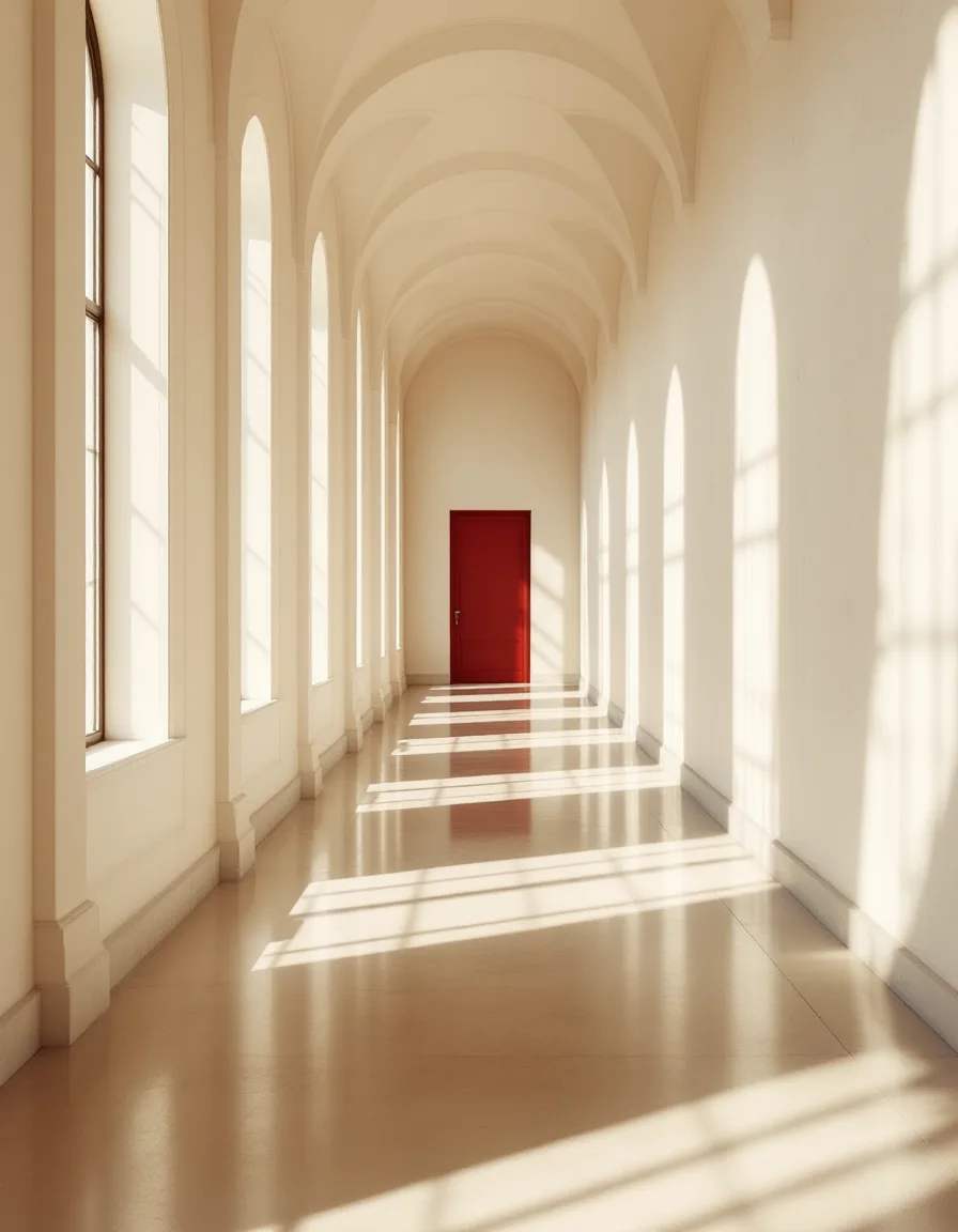 A long symmetrical corridor with sunlight falling in diagonal bars toward a deep red door at the far end