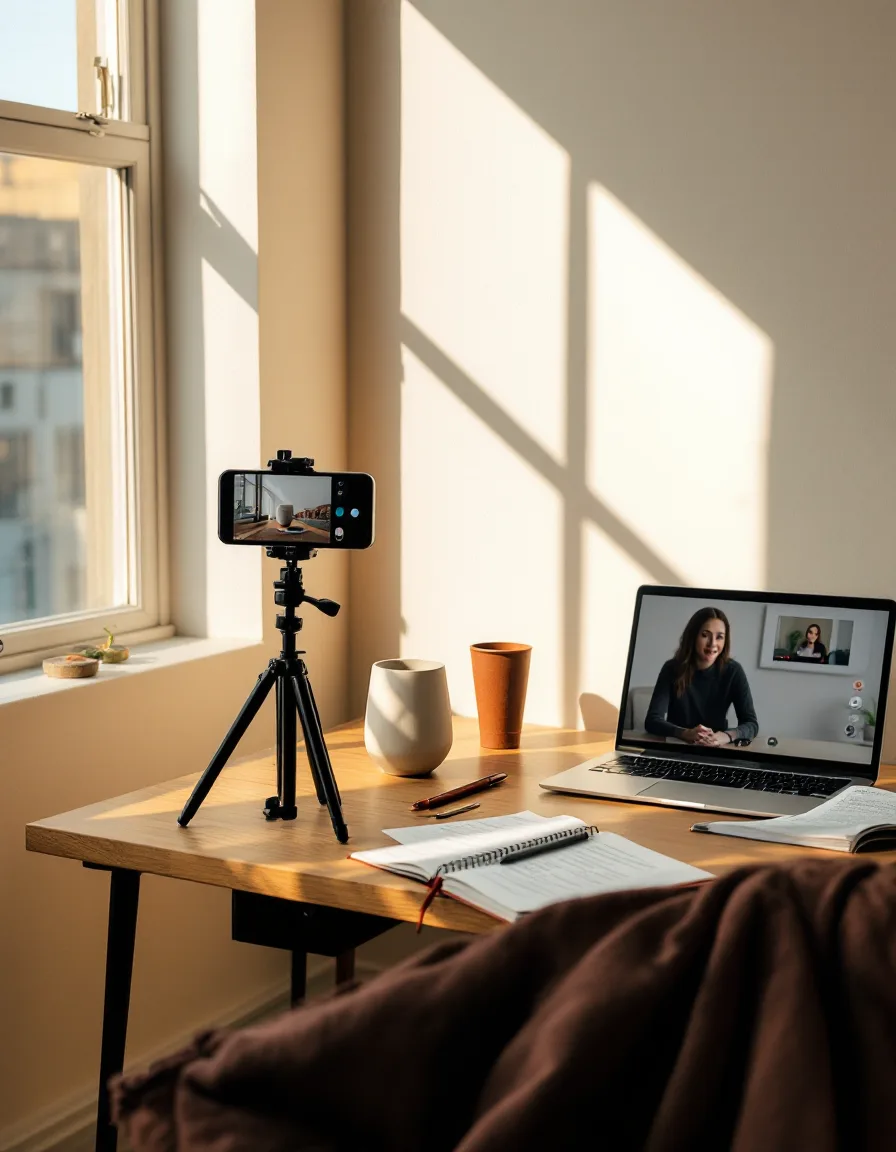 A phone on a small tripod aimed at a ceramic prototype on a walnut desk, a laptop open to a video call behind it, window light from the left