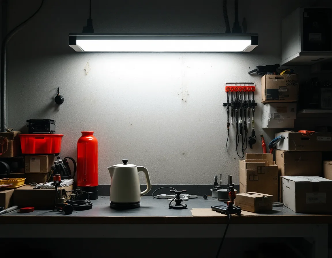 A ceramic kettle on a cluttered garage workbench under flat fluorescent light
